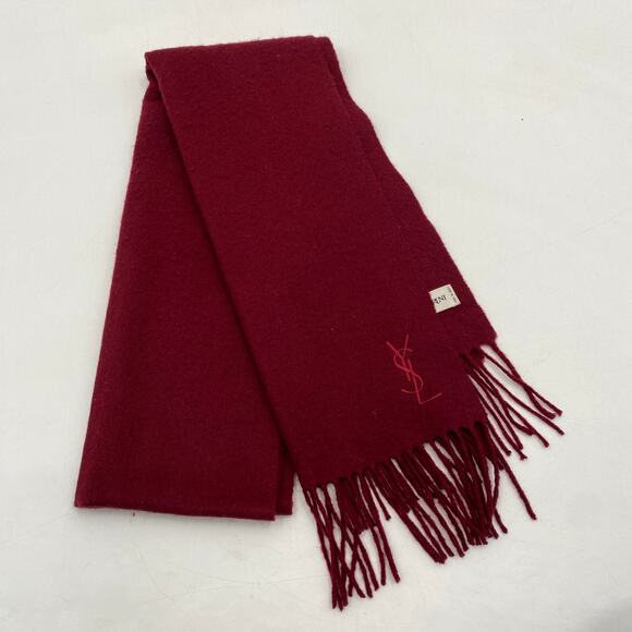 YSL Burgundy Wine Fringe Wool & Cashmere Scarf - Picture 2 of 4
